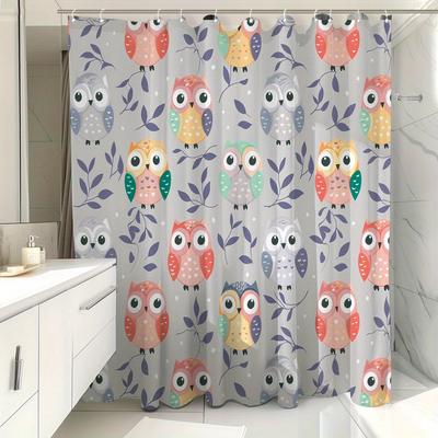 1pc Owl Print Shower Curtain - Colorful Cartoon Owl, Polyester, 71x71", Machine Washable, 12 Hooks, Playful Design