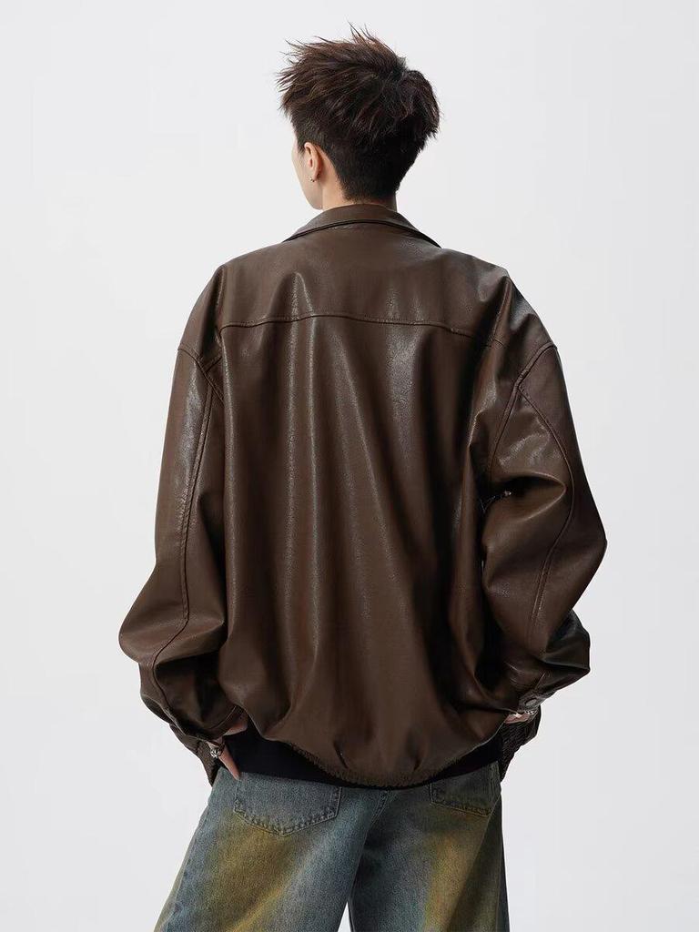 Men's Retro High Street Motorcycle Leather Jacket - Autumn/Winter Loose-Fit Lapel Coat