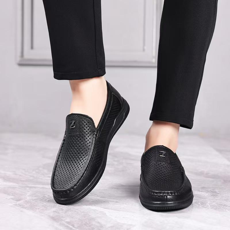 Leather Sandals Black White Hollow Mesh Business Doudou Shoes Casual Leather Shoes