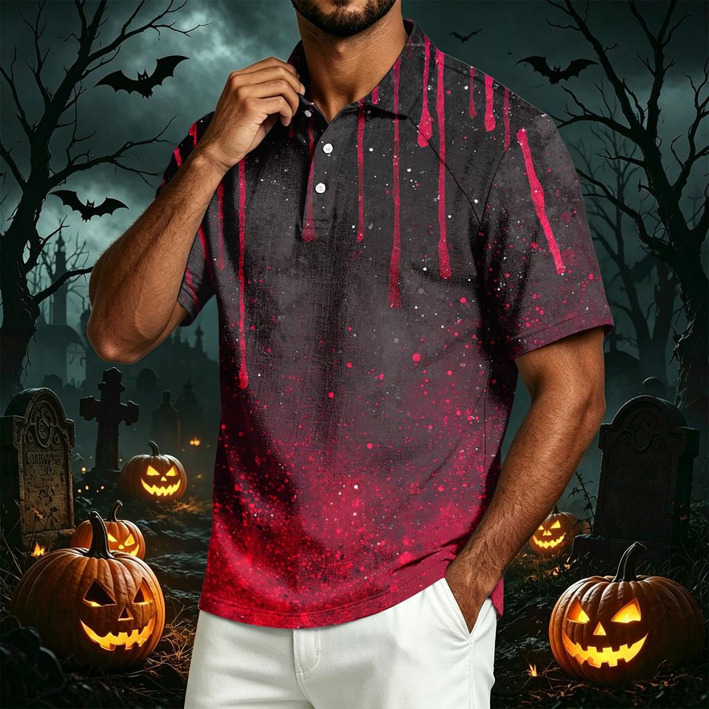 Men's Casual Lapel Lightweight Cotton Linen Breathable Short Sleeve Shirt with Halloween Pumpkin Print for Daily Wear