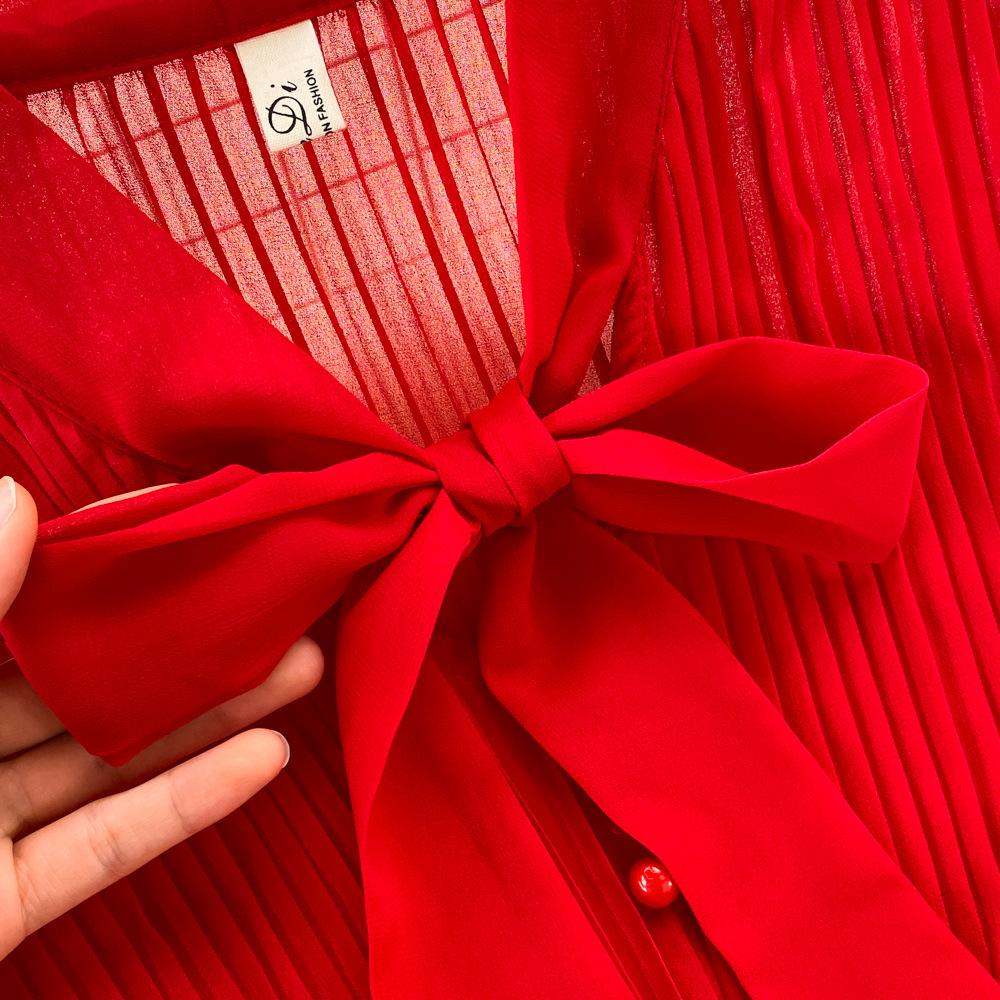 Herbst Vintage Frauen Langes Kleid Elegante Bogen Kragen Laterne Ärmel Einreiher Plissee Maxi Weibliche Rot Lila Kleider