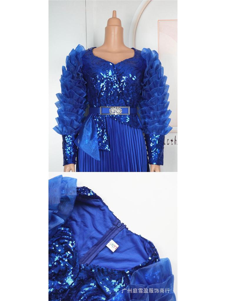 Plus Size High-Waisted Evening Gown with Rhinestones, Beads, and Sequins - New African Style
