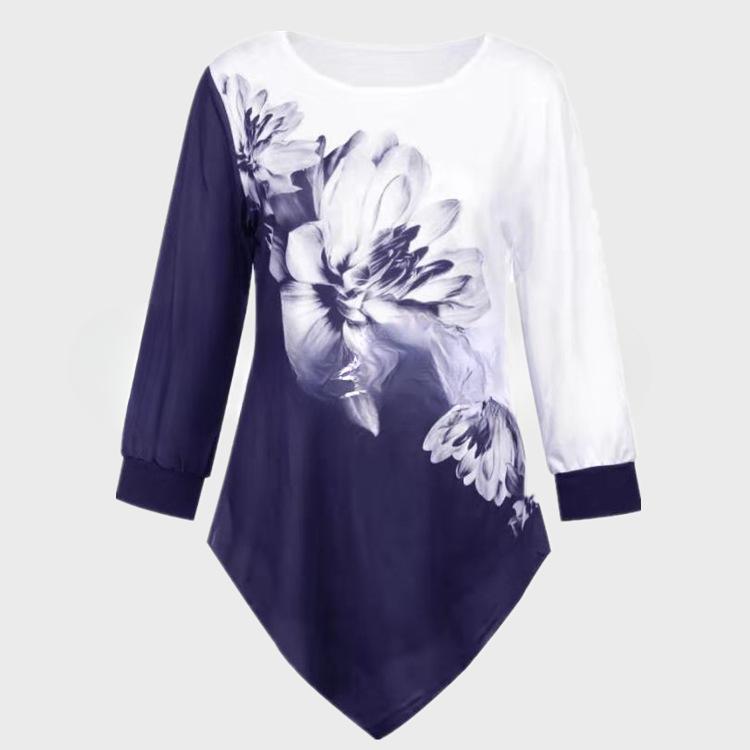 QICED Autumn Printed Casual O-Neck Loose Fit Irregular Hem Women's Shirt