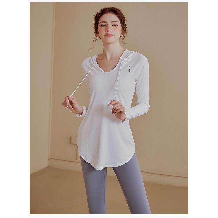 Women Autumn Spring Slim Fit Hooded Long Sleeve Workout Top High Waist Loose Fitness Shirt for Running Yoga Gym