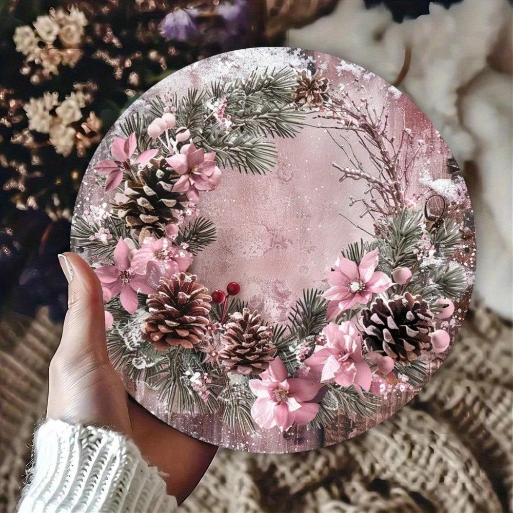 

Vintage Retro Pink Christmas Wreath Metal Tin Sign, 8x8 Inch Round Aluminum Wall Art, Festive Holiday Home Door Decor 20x20 різнокольоровий