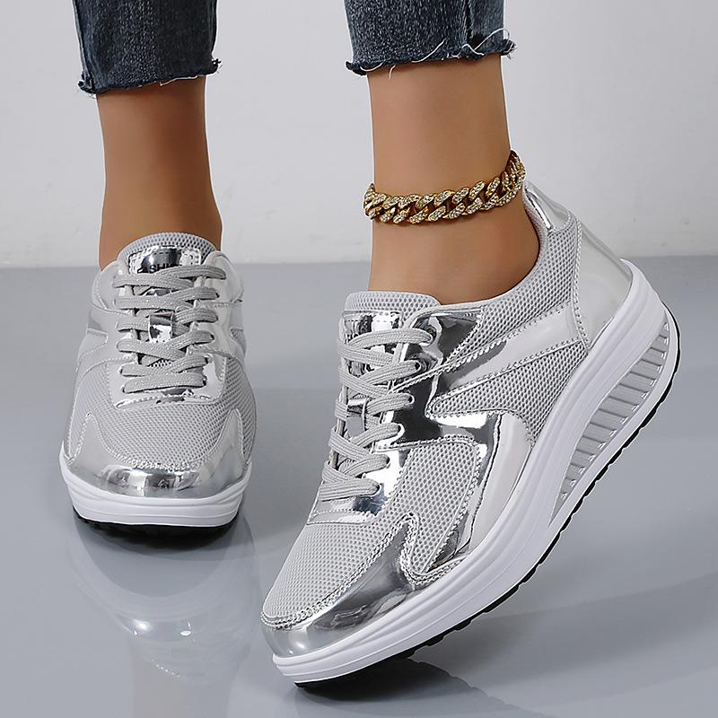 Shiny Casual Sneakers for Women Thick-soled Platform Shoes Fashionable Student Shoes