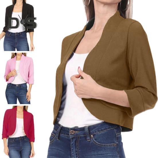 Women Blazer Short Coat Cardigan Open Stitch Solid Color Loose Spring Fall Jacket Three Quarter Sleeve Soft OL Commute Style Lady Jacket