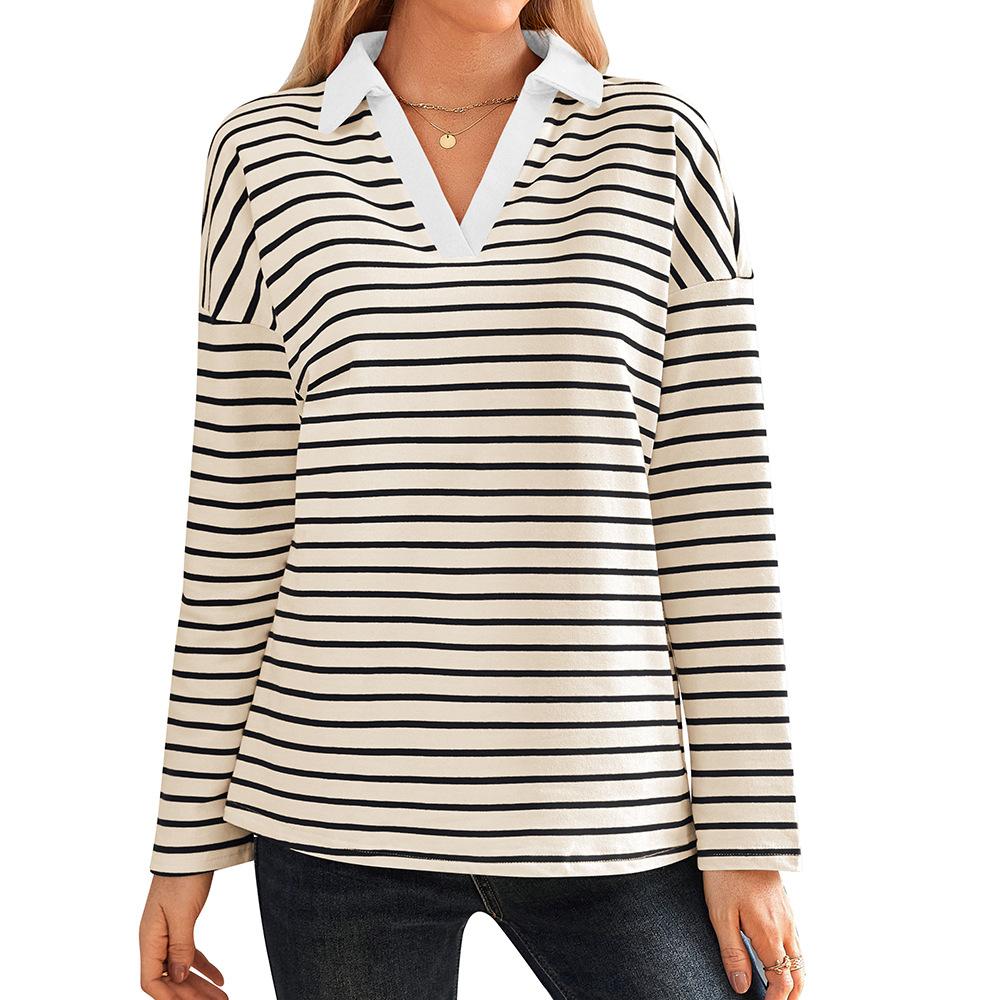 Spring Autumn Women's Striped V-Neck Loose Sweatshirt Lapel Sweatshirt