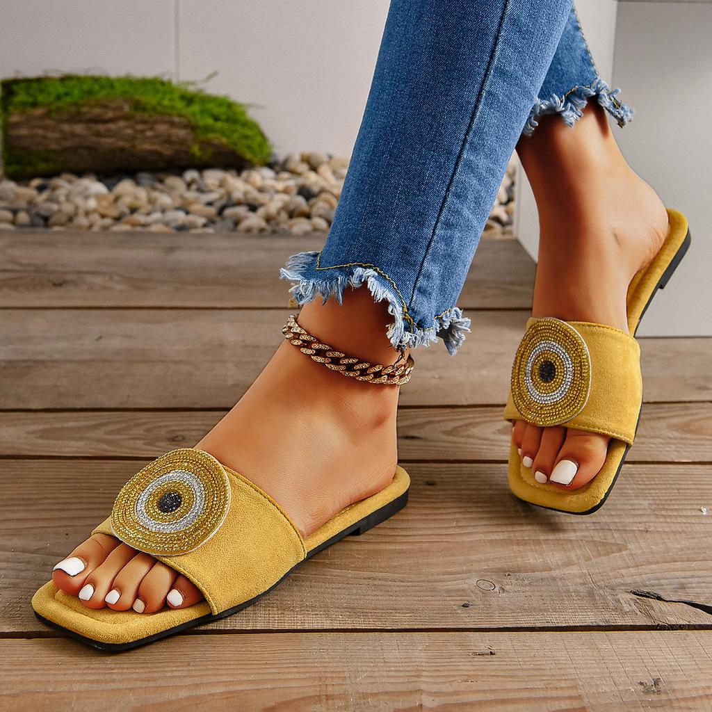 Suede square head one-word flat bottom casual sandals 2024 summer new rhinestone women's drag large size beach slippers
