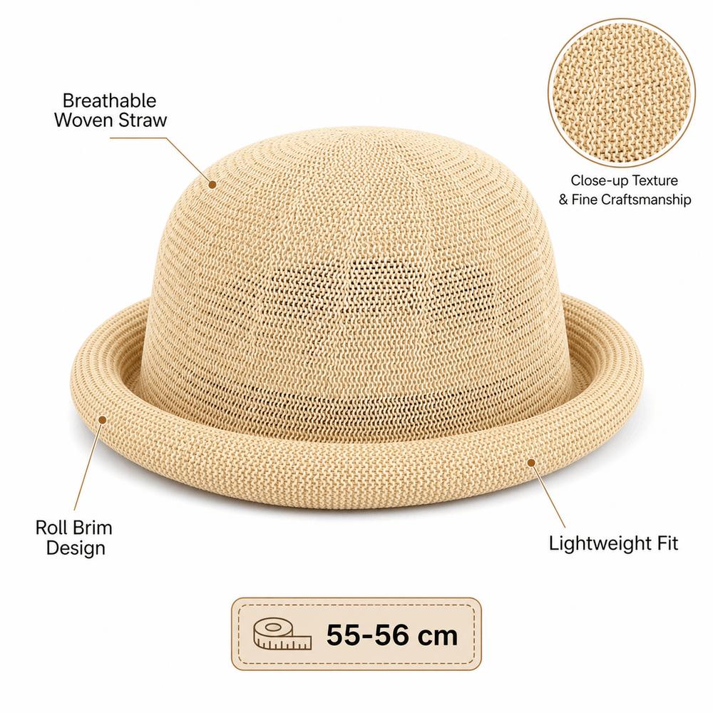Raffia Weave Straw Sun Hat Short Brim Sun Visor Hat Elegant Roll Brim Hat  Spring Summer Season