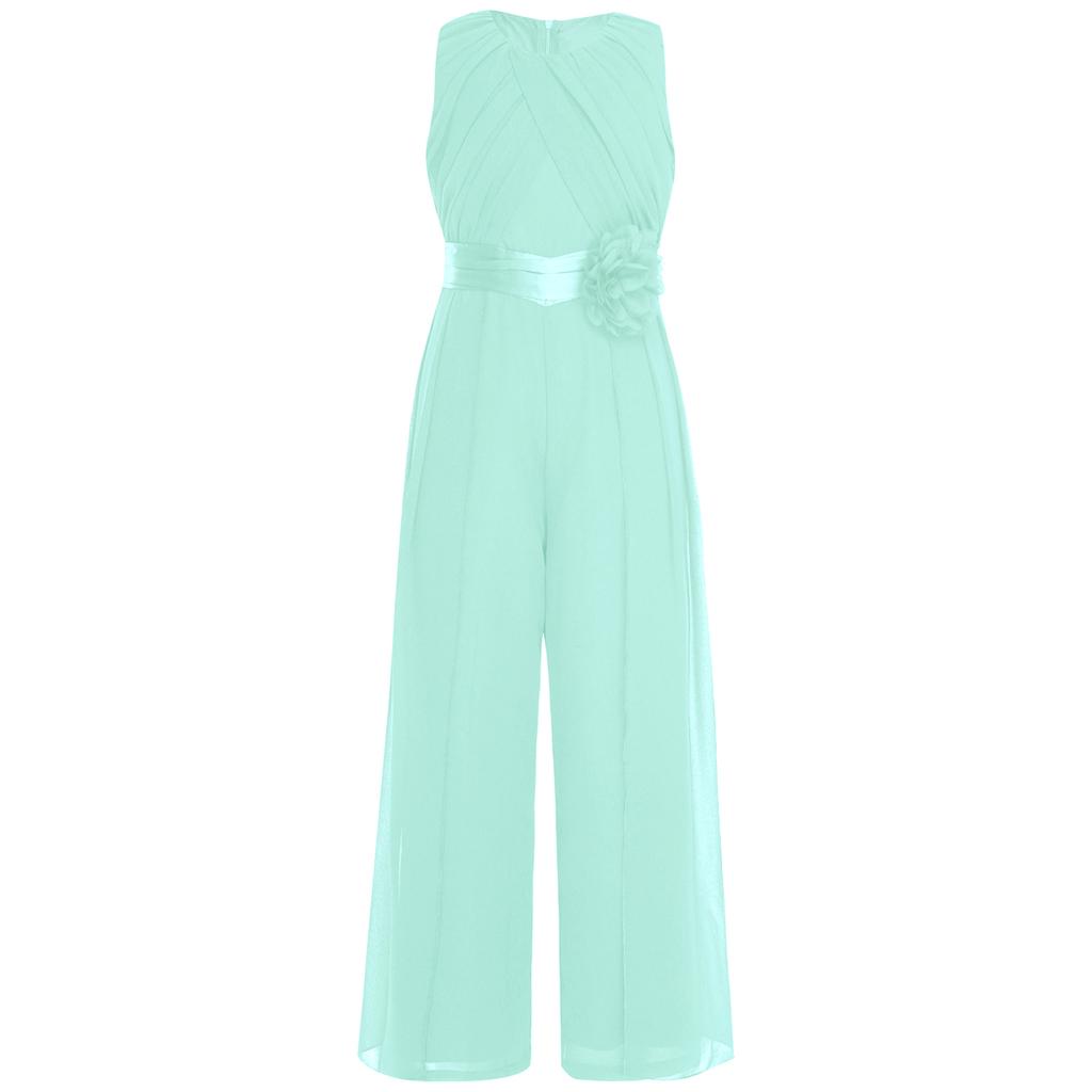 Girls Party Wear Solid Color Sleeveless High Waist Ruffled Chiffon Detachable Flower Wedding Jumpsuit