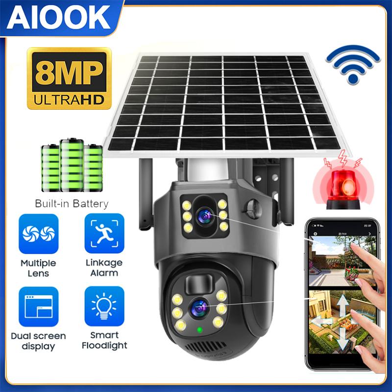 

AIOOK уличная солнечная камера 4G HD с двойным объективом 8MP 4K Wi-Fi PTZ камера видеонаблюдения двухсторонняя аудиодомофонная водостойкая полноцветная камера ночного видения