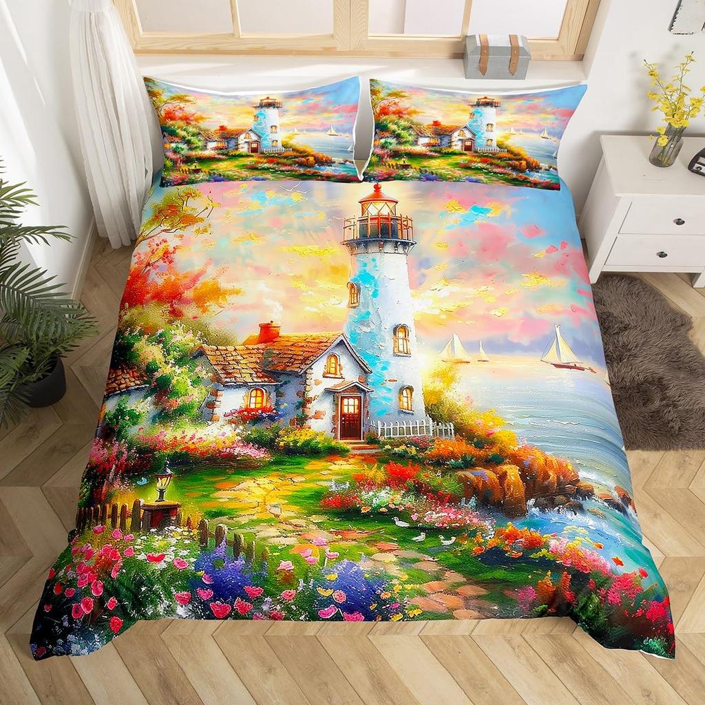Ocean Beach Duvet Cover Full Lighthouse Comforter Cover Floral Butterfly Bedding Set for Adults Kids Summer Vacation Quilt Cover