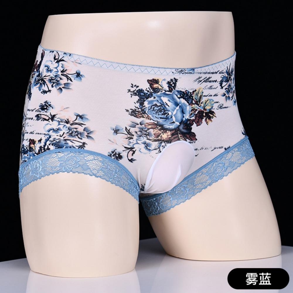 Men's Egg Pants Sexy Lace Printed Panties Fabric Traceless Mid-Waist Cotton Shorts Comfortable