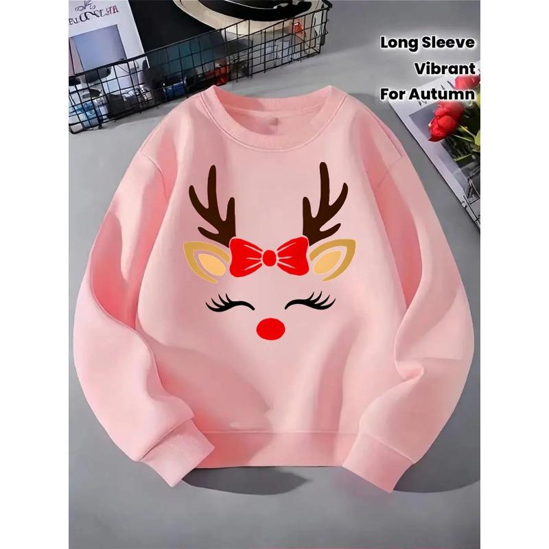 European Sizes Reindeer Face Bow Red Nose Kids' Hoodie, Round Neck Hoodie, Long Sleeved , Casual Multi Colored