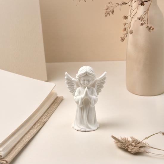 DYS 3D Printed Praying Angel Statue, Elegant Matte White Cherub Figurine with Detailed Wings, Durable Minimalist Ornament for Living Room Decor