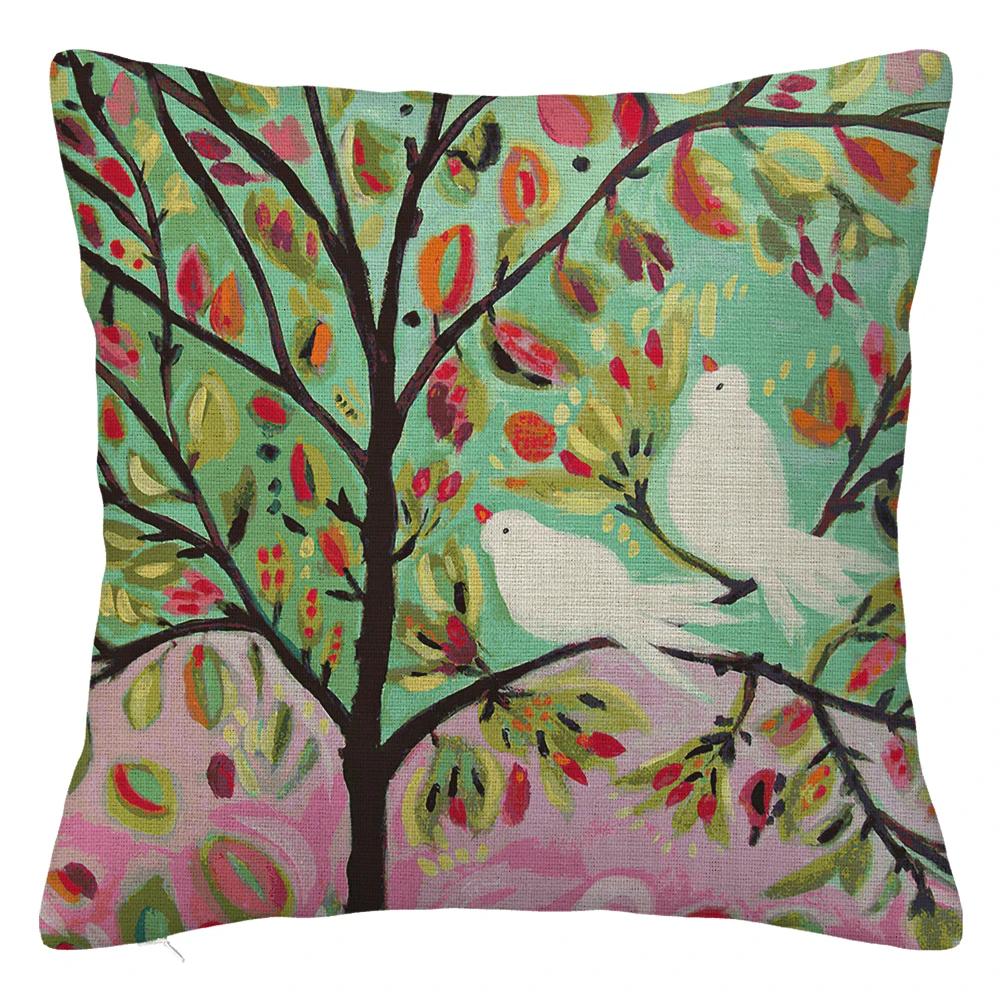 Branch Bird Flower Linen Pillowcase Sofa Cushion Cover Home Decoration Can Be Customized for You 40x40 50x50 60x60 45x45
