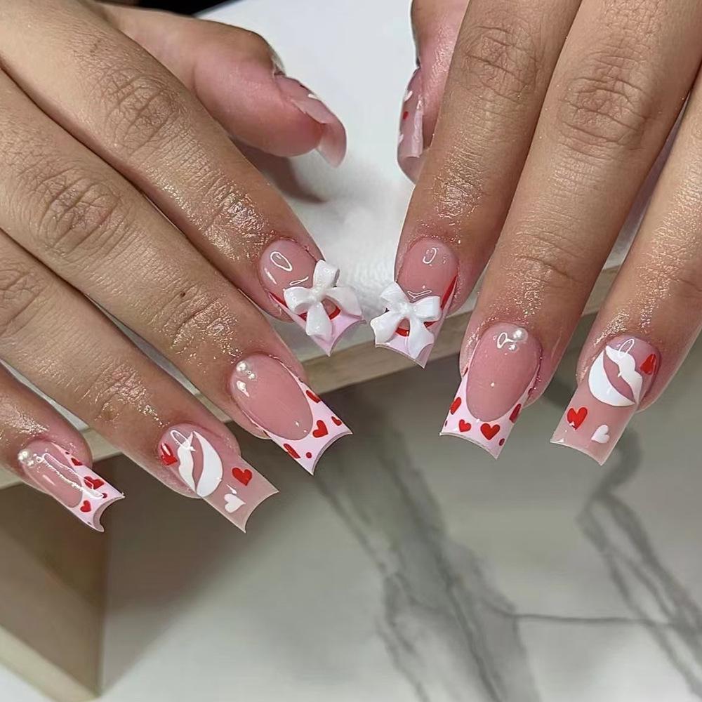 

White Bow Heart French Medium-Long Manicure: 24-Piece Wearable Nail Sticker Set