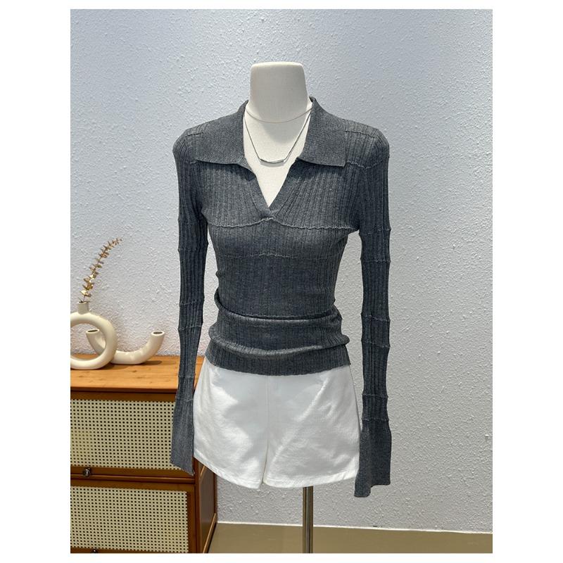 

Design sense niche knitted long-sleeved shirt women s autumn slim-fitting and thin lo shirt unique popular top One size [recommended 80-60kg] серый