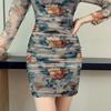 Elegant Floral Mesh Bodycon Dress - Square Neck, Pleated, Long Sleeve, Mini Skirt.