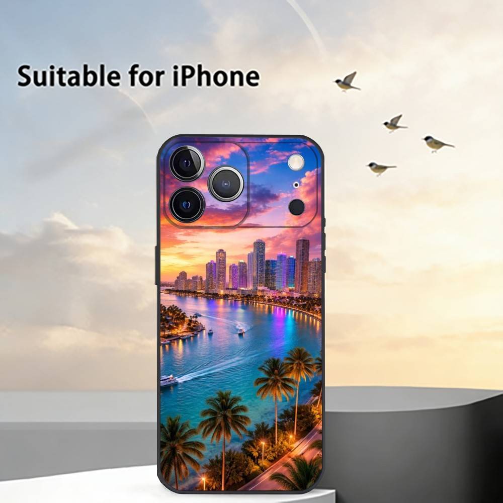 Summer Art M-Miami Florida Phone Case For iPhone 17,16,15,14,13,12,11 Plus,Pro Max,XS,Soft Silicone Black Cover