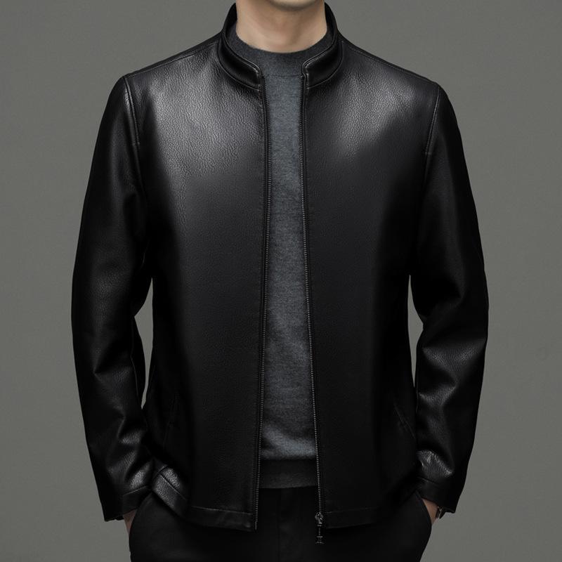 Spring, Autumn and Winter New Men's Leather Jackets, Middle-aged Men's Casual Slim Business Stand-up Collar Sheepskin Jackets Thick Coats