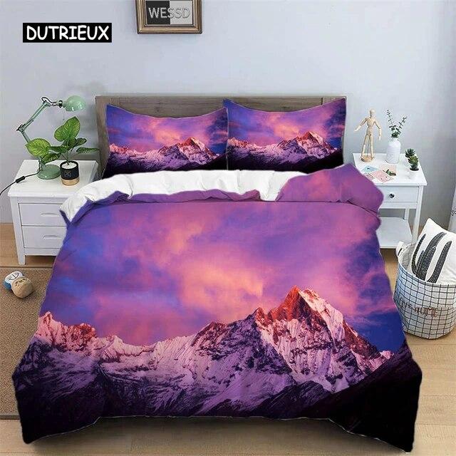 Snow Mountain Duvet Cover Set Polyester 3D Landscape Bedding Set for Teens Adults Ski Slope Winter Theme Q-Queens Comforter Cover Three-piece Set