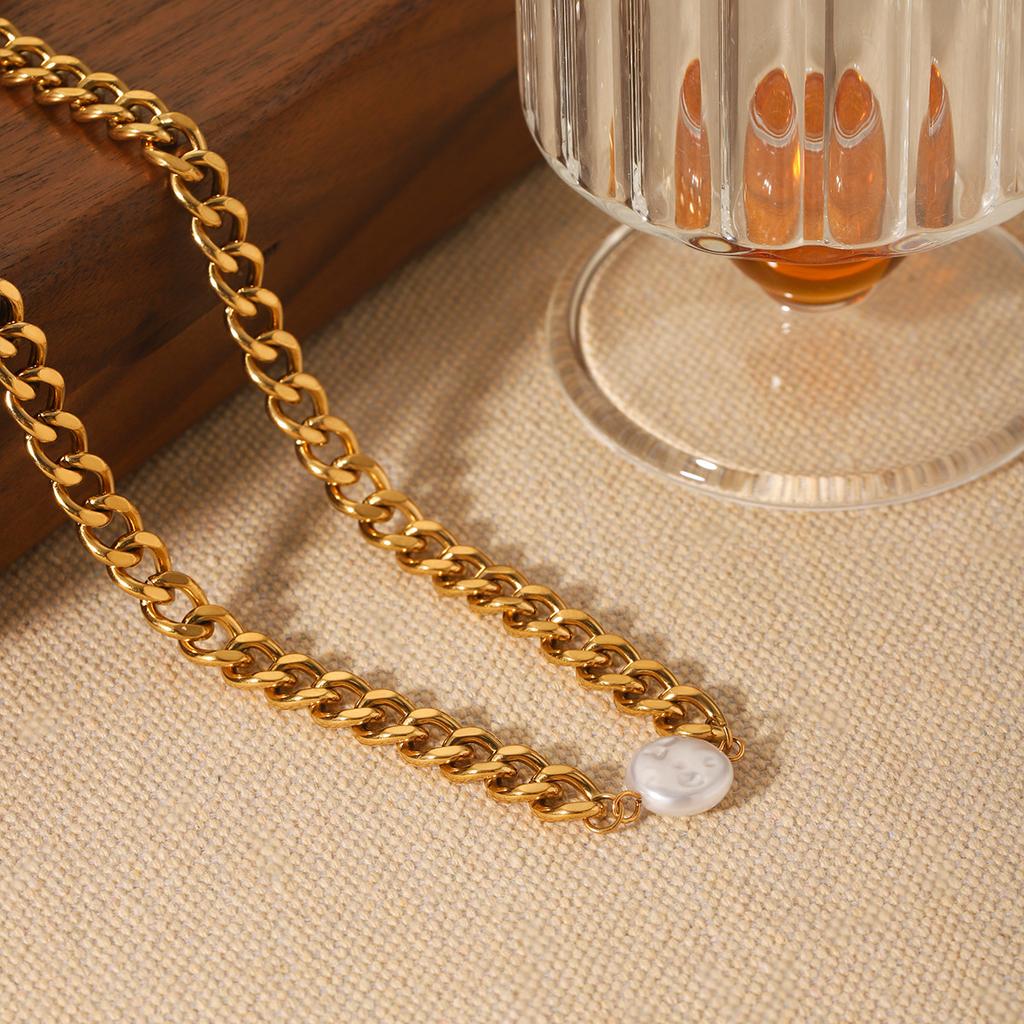 Stainless Steel Cuban Chain Necklace for Women, Non-fading, Premium Style, Elegant Pearl Pendant Neck Chain