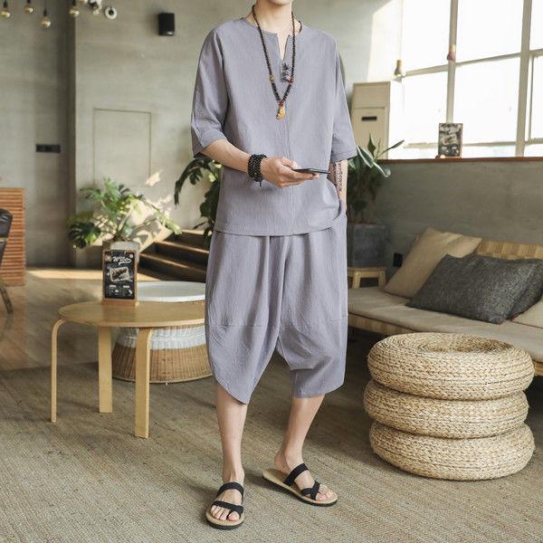 Men's Retro Chinese-Style Short Sleeve Cotton Linen Two-Piece Summer Hanfu Suit