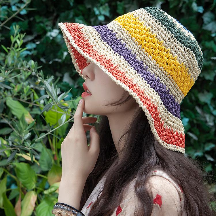 Straw Hat Female Summer Ins Wind Colored Striped Woven Sun Hat Hand Woven Vacation Beach Sun Hat