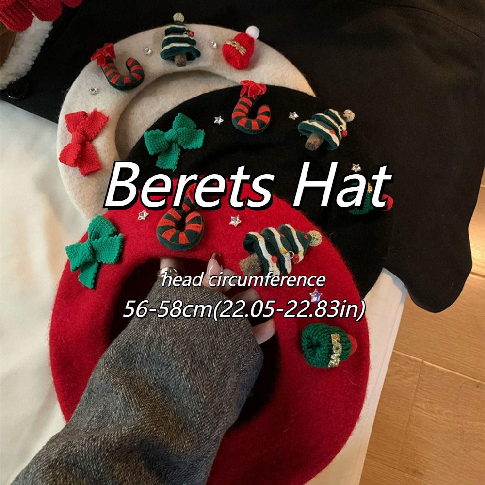 Fashion New Year Christmas Beret Cap Sweet Red Green Christmas Beret Hat Dress Up Party Xmas Painter Hat Women