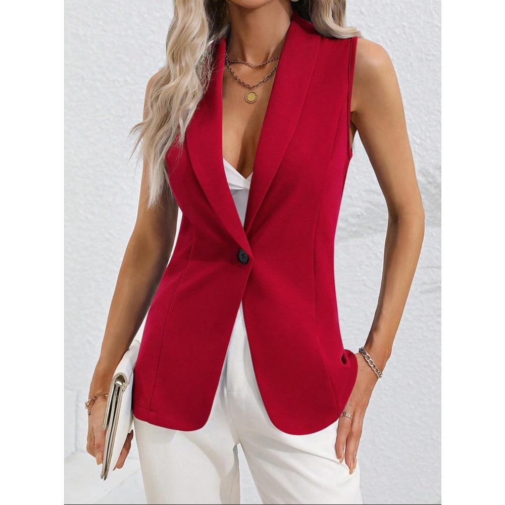 IHUASU Spring and Autumn Solid Color Cardigan Single Button Jacket Sleeveless Round Neck Coat for Women