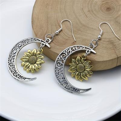 Exquisite geschnitzte Mond Sonnenblumen Design Hängeohrringe Eleganter Stil Legierung Böhmischer Stil Schmuck Zartes Frauengeschenk