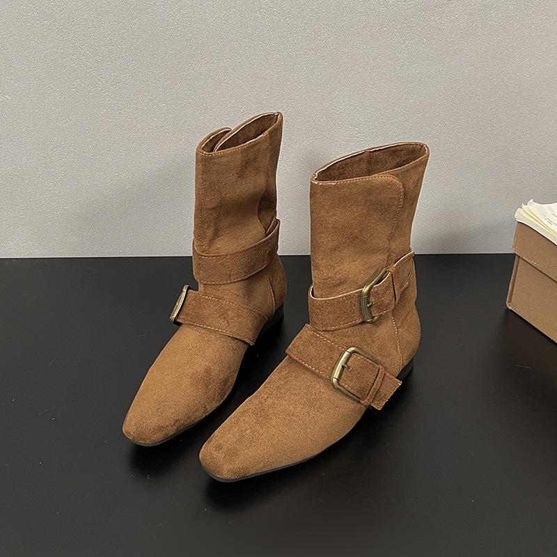 

Korean version of the new niche design retro French short boots small square head western boots imitation leather medium boots women s boots 40 верблюд