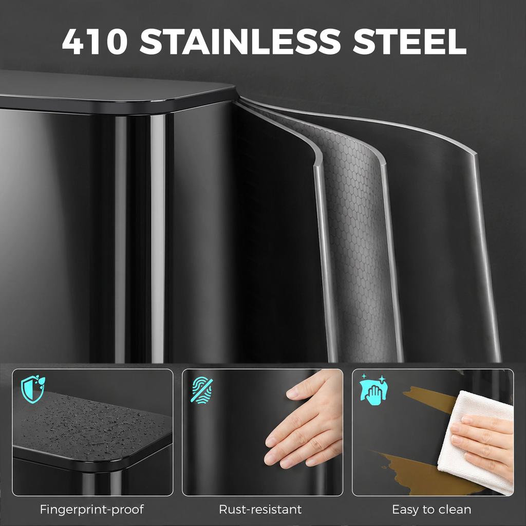50L Kitchen Bin, Metal Pedal Rubbish Bin with Soft Close and Stay-Open Lid, Removable Inner Bucket, High Gloss Black