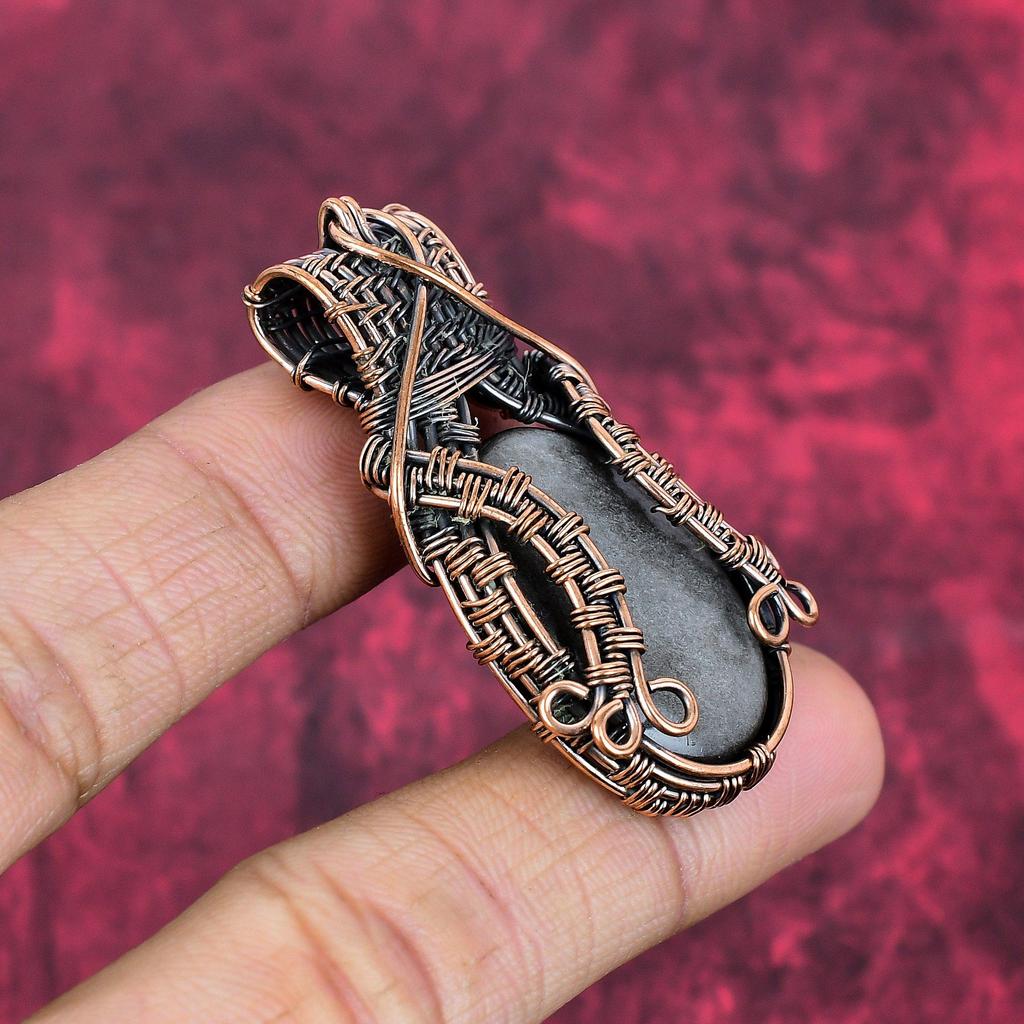 Silver Sheen Obsidian Pendant Copper Wire Wrapped Pendant Gemstone Copper Jewelry Handmade Boho Pendant Wire Weaving Pendant Engagement Gift
