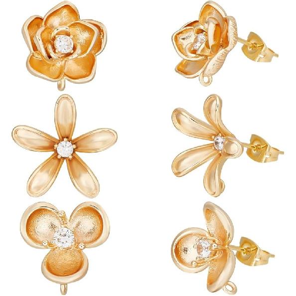 Beebeecraft 12Pcs 2 Styles Flower Stud Earring Findings 18K Gold Plated Cubic Zirconia Sakura Post Earring Findings Peach Blossom Shape for Spring