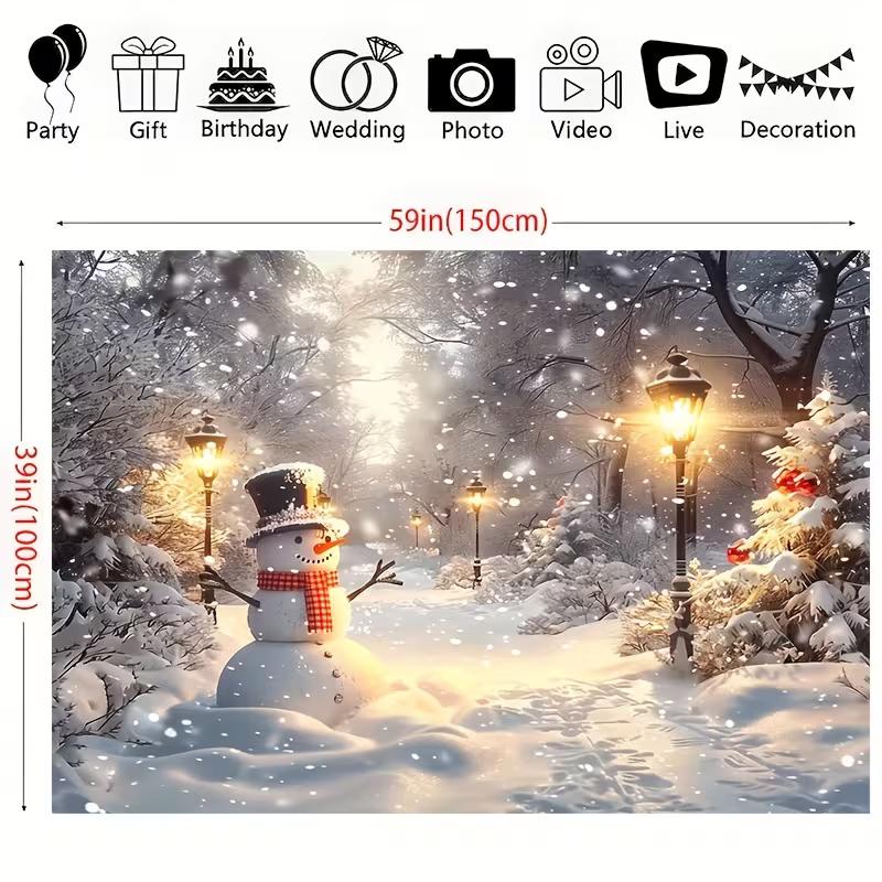 2D Christmas Snowman Photography Backdrop, Snowy Street Lamp & Forest Scene