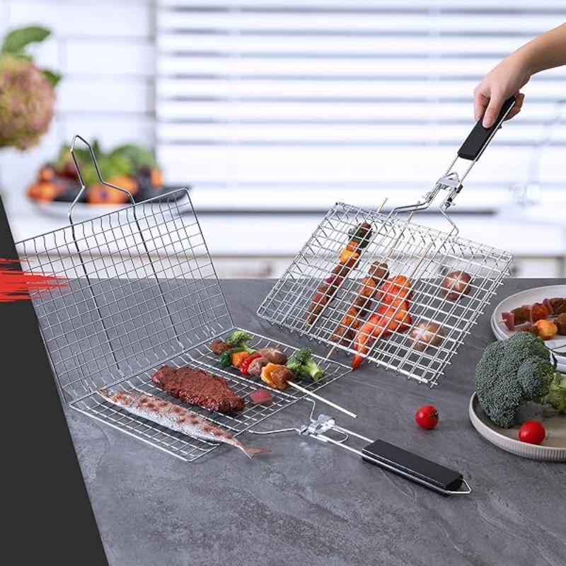 Großer Faltbarer Grillkorb Aus Edelstahl – Für Fisch, Gemüse & Fleisch, BBQ & Camping