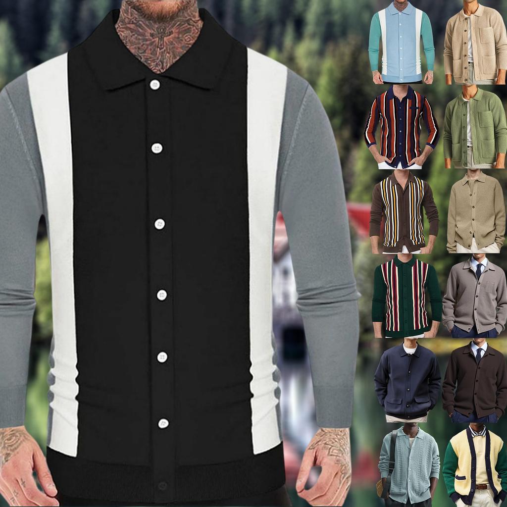 Men's Casual Color - Blocked Knitted Cardigan With Turned - Up Collar And Ribbed Cuffs Outerwear