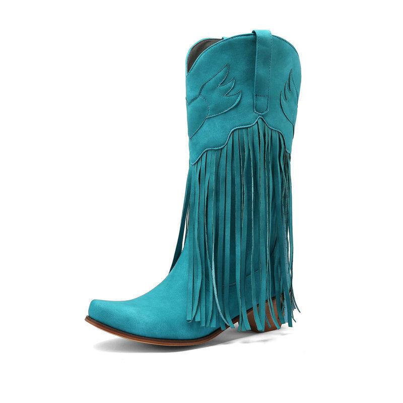 

Women s boots European and American retro medium boots thick heel high heel round head western cowboy boots fringed knight boots Martin boots 39 синий