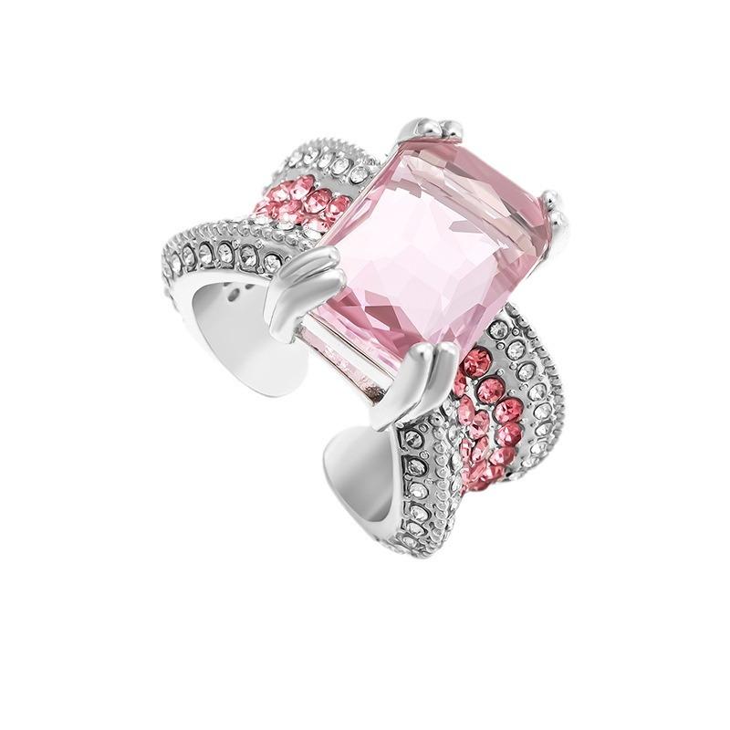 Cold Style Ins Inlaid Pink Ring for Women with Open Index Finger Pink Gemstone Ring