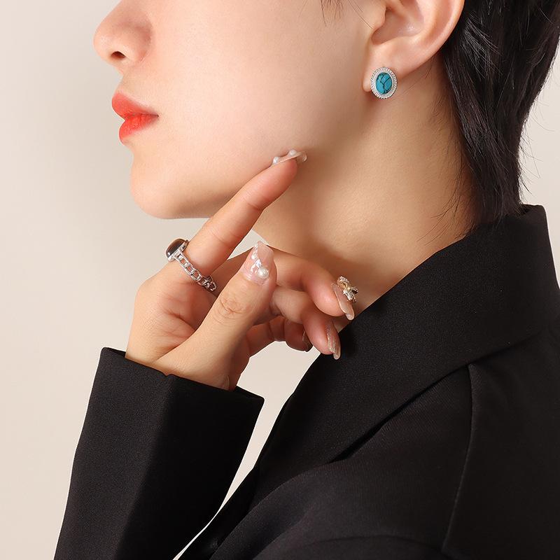 Französische böhmische Persönlichkeit Mode Retro Damen Oval Türkis Opal Intarsien Halskette Ohrringe Schmuck Set