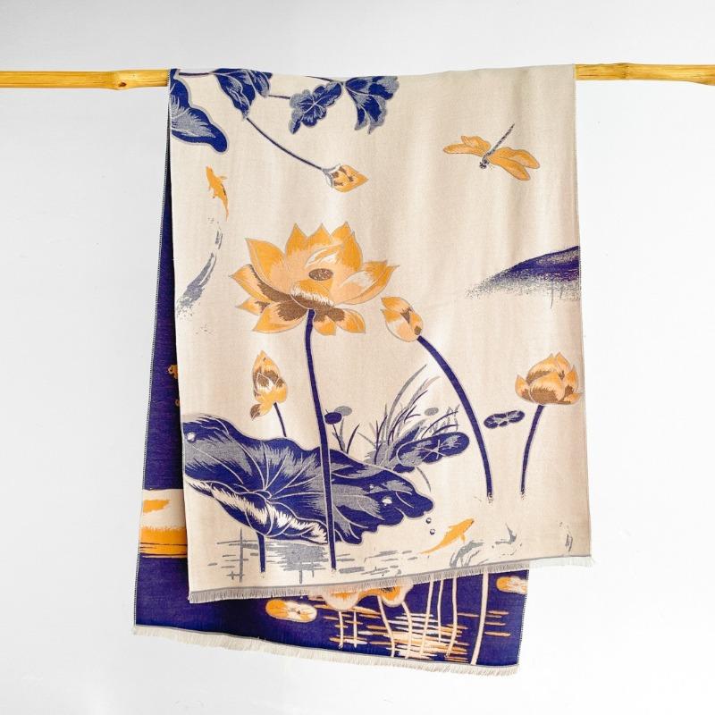 Imitation cashmere ink painting lotus scarf women's new warm simple autumn and winter double-sided thickened scarf
