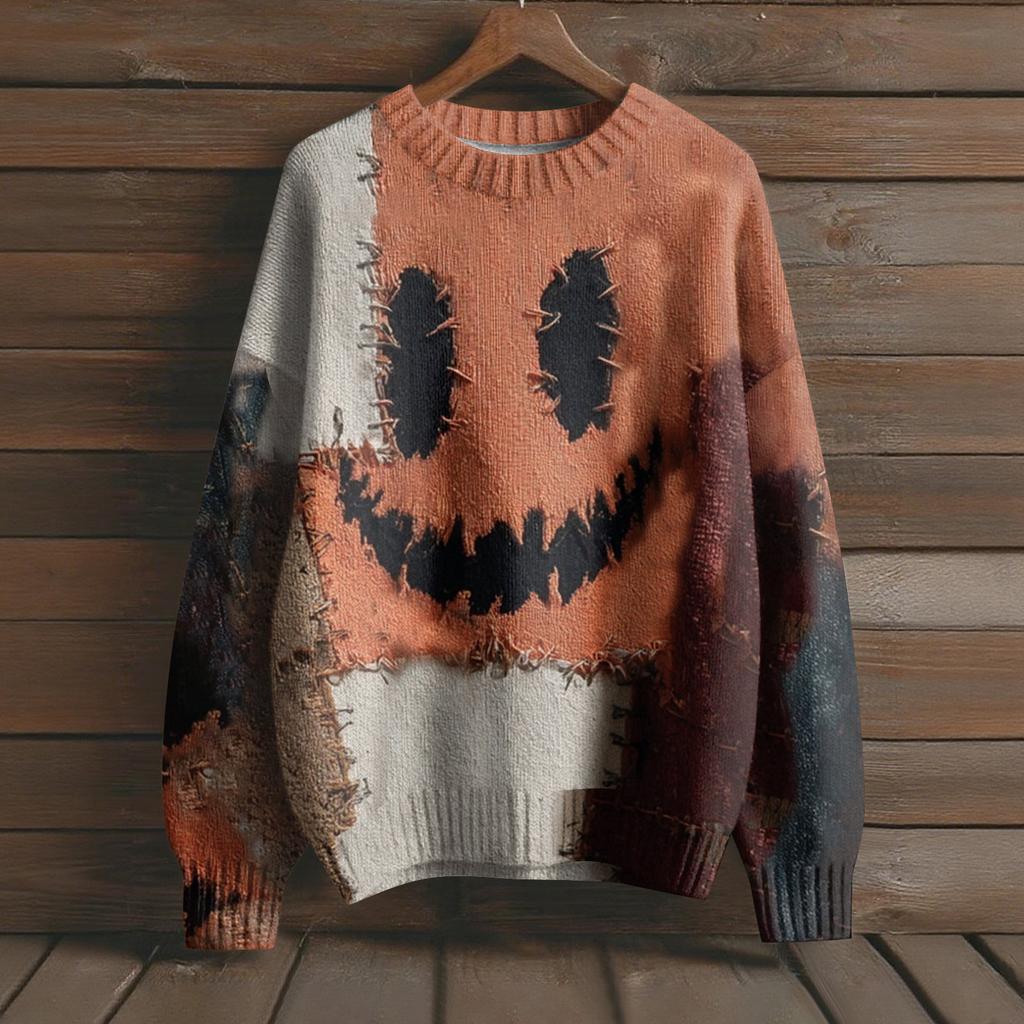 Long Sleeve Pullover Sweaters For Women O Neck Casual Cute Printing Knit Oversized Sweater