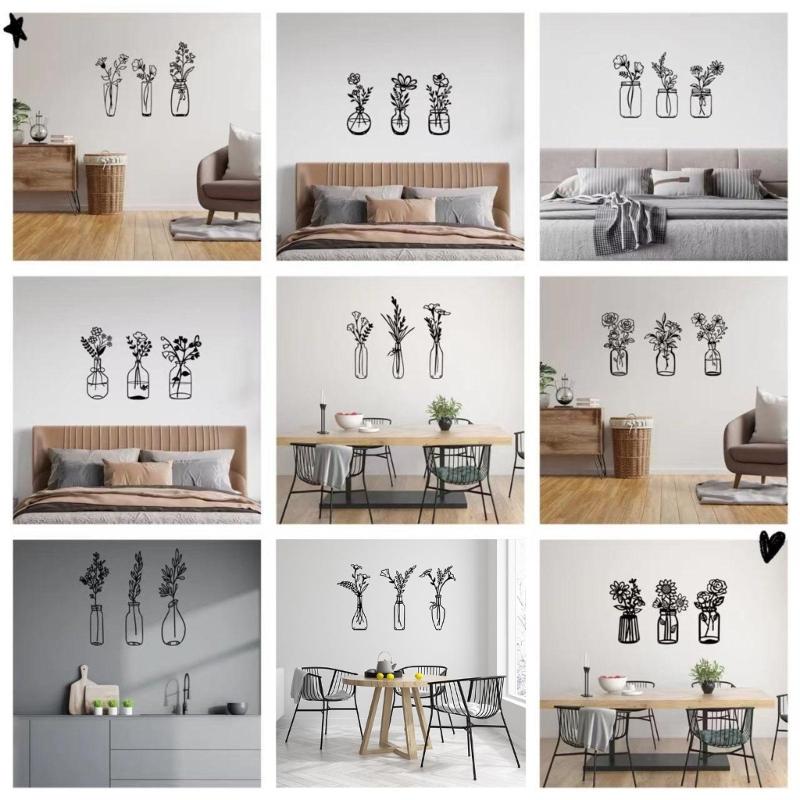 Flower Vase Wall Decorations Metal Flower Vase Sculpture HollowOut Wall Sign Sculpture Hangings Decorations for Bedroom