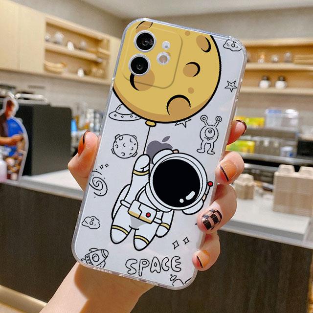 Urocze etui z kreskówkowym astronautą na iPhone 14 11 12 Pro 13 Pro Max XR XS X 6s 7 8 Plus SE 2020 13 Mini Luksusowe Przezroczyste Etui Odporne na Wstrząsy