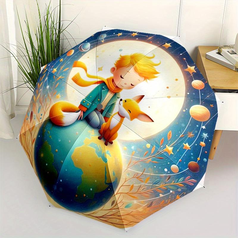 1pc Boy and Fox on Earth with Stars Umbrella with Plastic Handle,Suitable for All Seasons Home Travel Outdoor UmbrellaM960