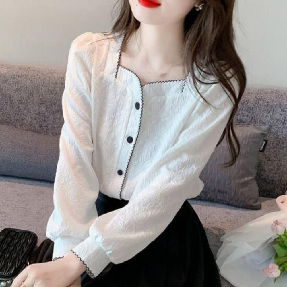 Navava Romantic Color Block Square Neck Long Sleeve Blouse Nb2929