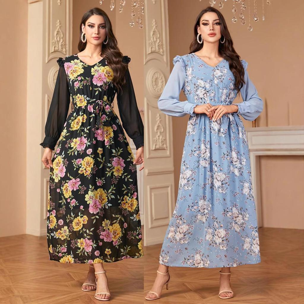 Elegantes Damen Langarm Patchworkkleid mit Druck für den Nahen Osten, Europa und Amerika